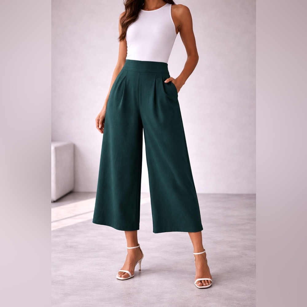 NAF NAF Dark Green Wide-Leg | High Waist Culottes Pants for Women